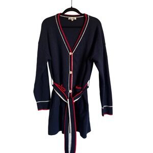 Nautical Vigoss Navy‎ Blue Cardigan Sweater  Belted Red White Trim Large